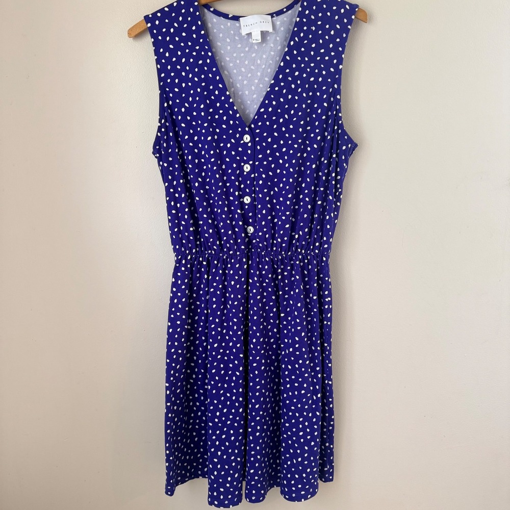 FRENCH GREY Women's Blue White Dot Sleeveless SunDress M Vacation Brunch